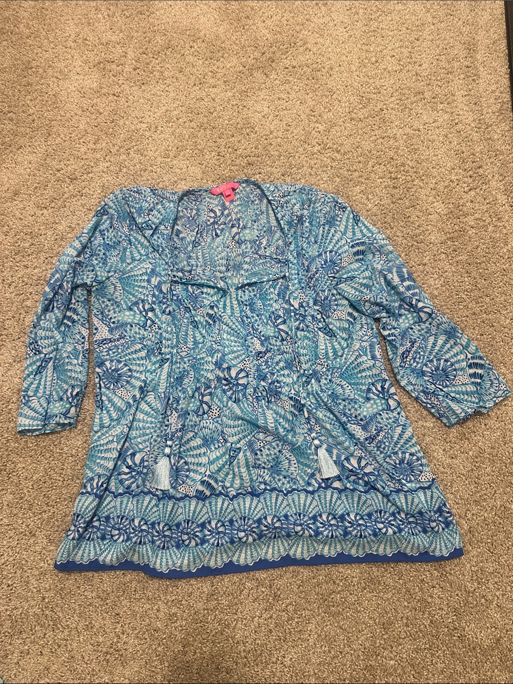 Lilly Pulitzer Blue Multi-Print V-Neck top with Tassels